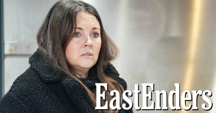 EastEnders' Stacey is looking shocked with the EastEnders logo next to her