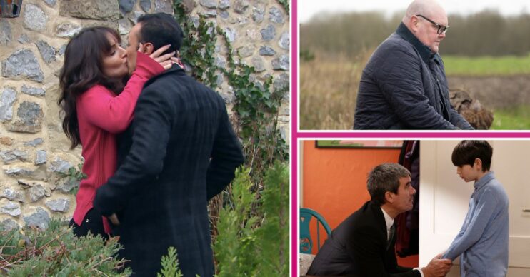 Leyla kissing Jai, Paddy alone, and Cain and Kyle sharing a moment