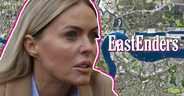 EastEnders' Emma Harding looks threatening on the EastEnders background with logo