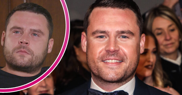 Emmerdale's Danny Miller is smiling and, in a bubble, Aaron Dingle is crying