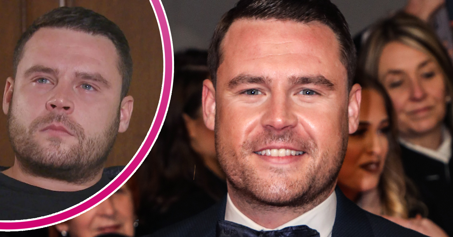 Emmerdale's Danny Miller is smiling and, in a bubble, Aaron Dingle is crying