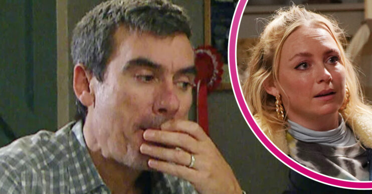 Emmerdale's Cain is in deep thought with his hand on his face and, in a bubble, Amy is teary-eyed