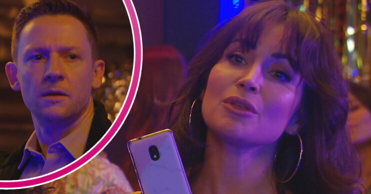 Emmerdale's Leyla is holding her phone up and, in a bubble, Callum is looking angry