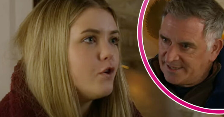 Emmerdale's Cathy is angry and, in a bubble, is Bob looking furious
