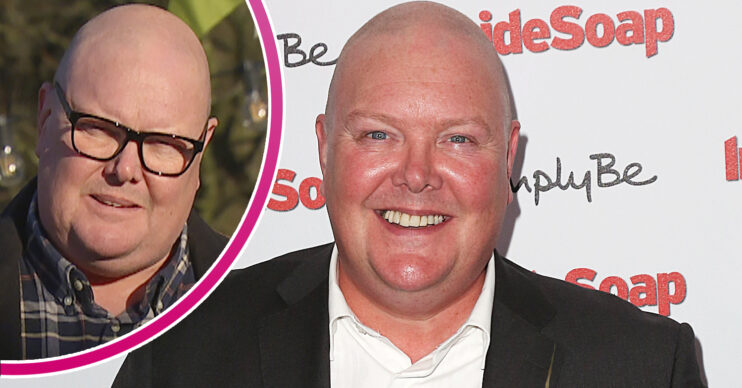 Emmerdale's Dominic Brunt is smiling at the soap awards, and in a bubble is Paddy looking sad