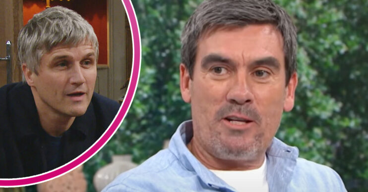 Emmerdale's Jeff Hordley and, in a bubble, is Caleb