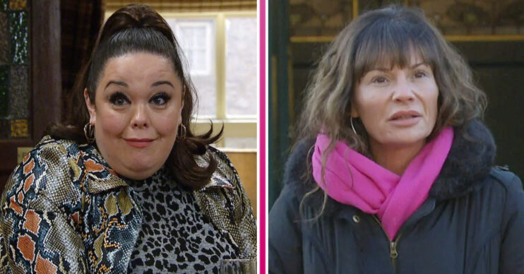 Emmerdale's Mandy is smiling and Chas is looking shocked