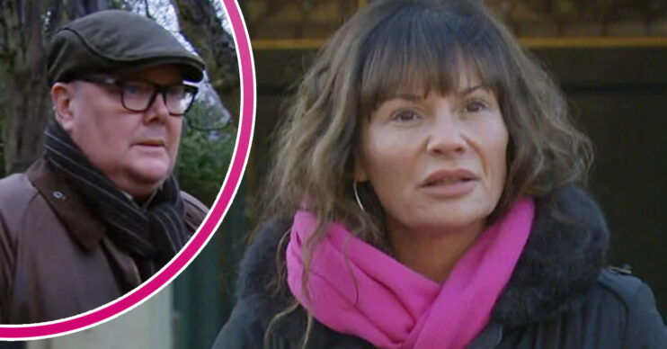 Emmerdale's Chas if angry and, in a bubble, Paddy is looking worried whilst wearing a cap