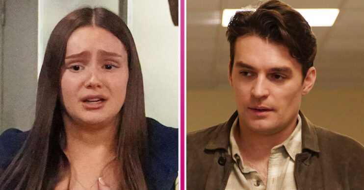 Emmerdale's Sarah looks worried and Mack looks concerned