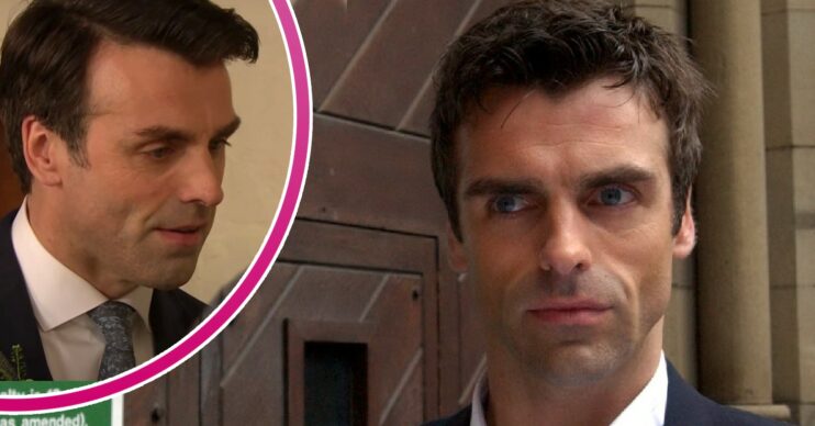 Joe Carter in Coronation Street with an inset of Jonathan Wrather as Pierce Harris in Emmerdale