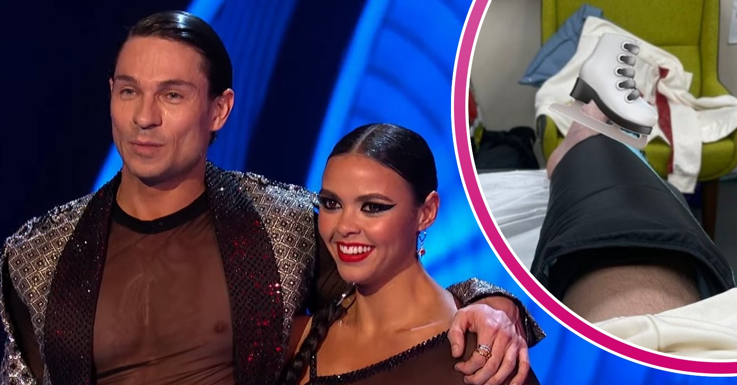 Joey Essex and Vanessa Bauer with his injured leg comp (Credit: ITV/Comp ED!)