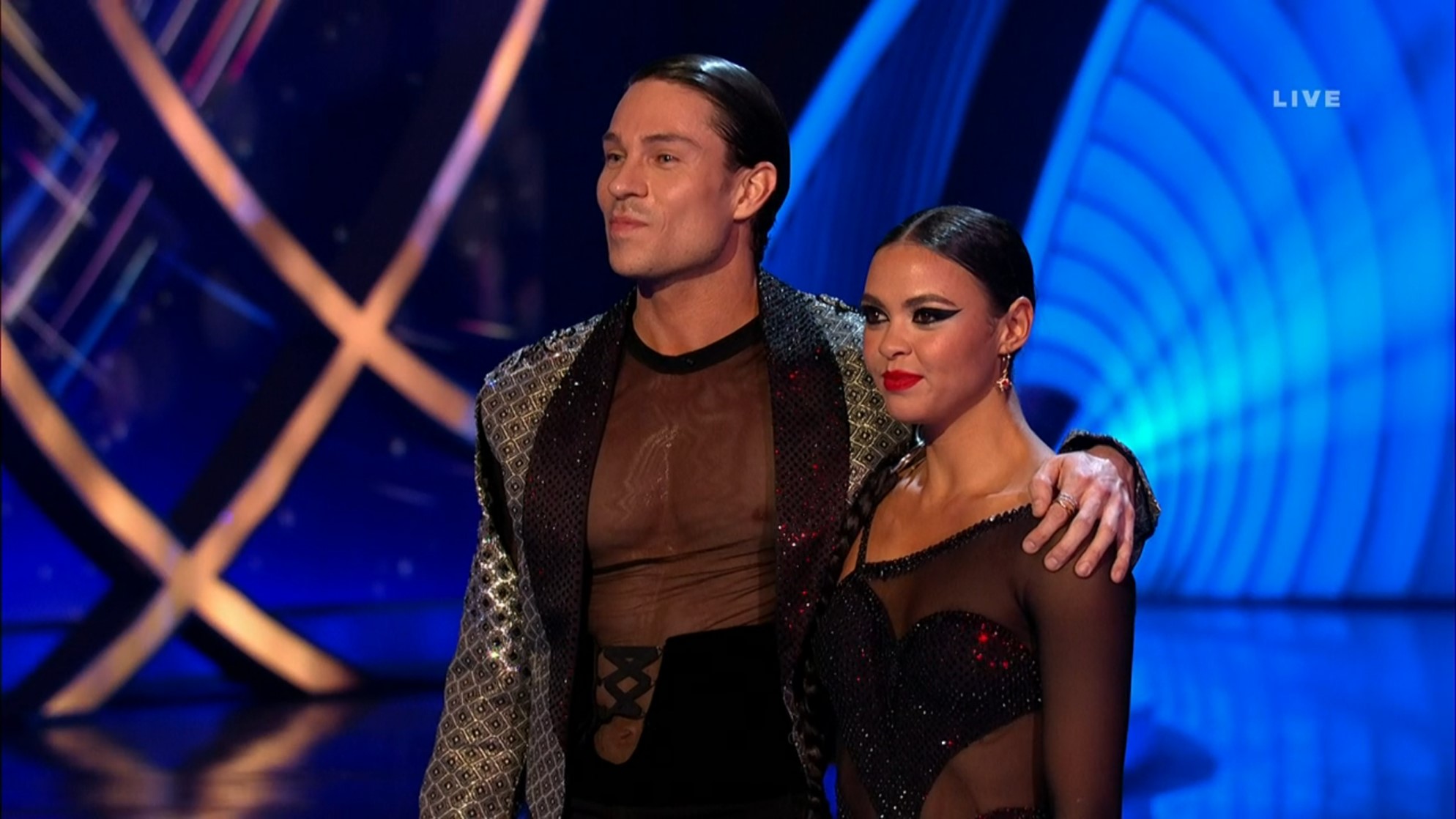 Joey Essex and Vanessa Bauer smile at Dancing On Ice judges