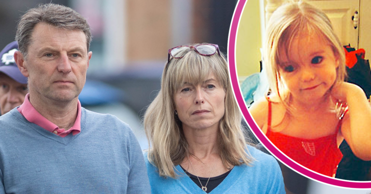 Kate and Gerry McCann looking upset and Madeleine in a red dress