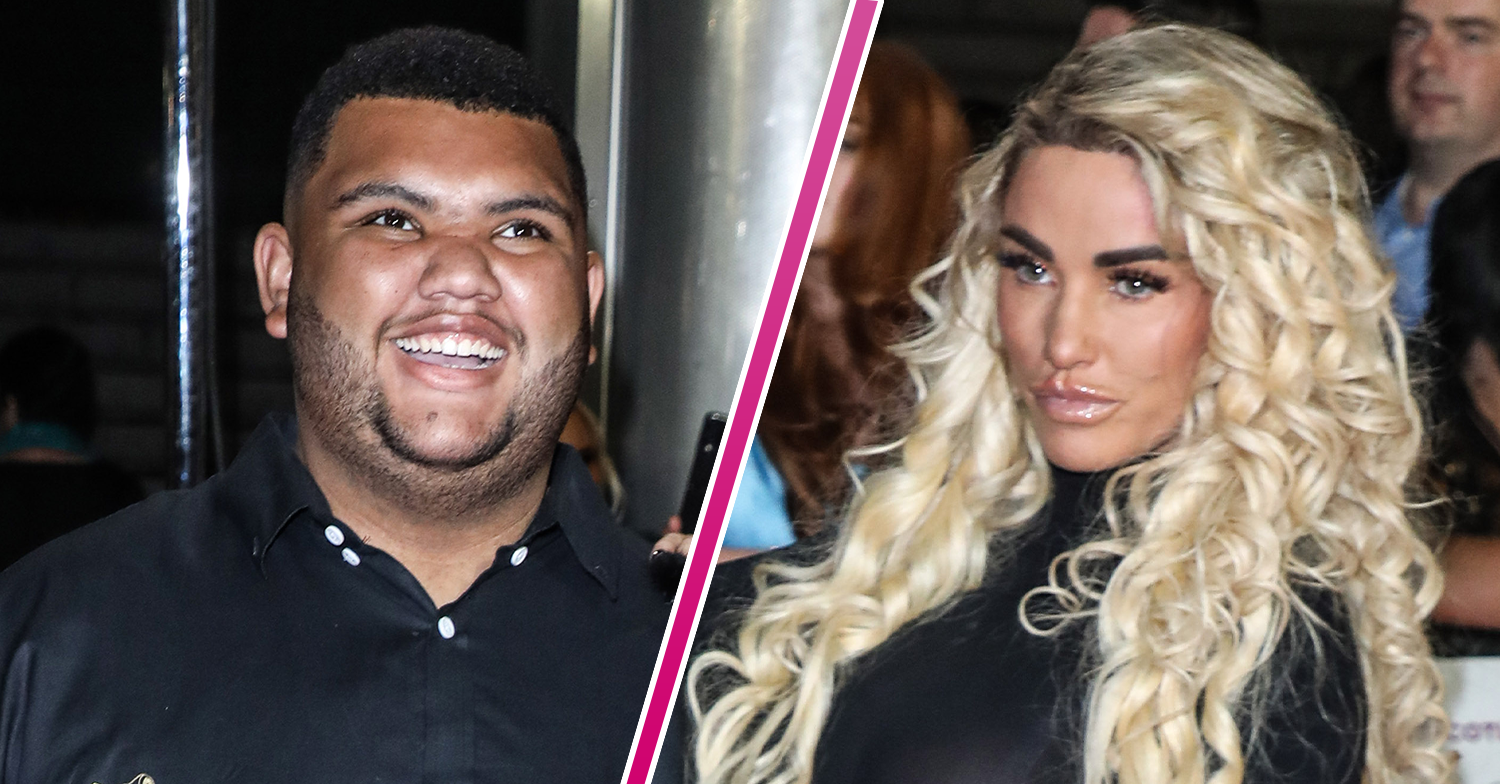 Harvey Price smiling and Katie Price with curly blonde hair