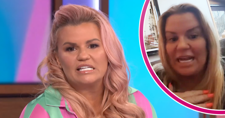 Kerry Katona with pink hair and looking stressed inset