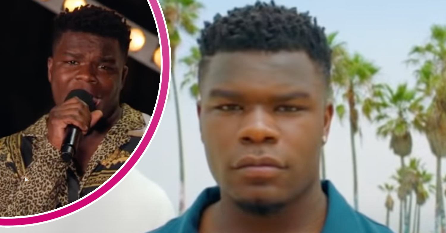 Levi Davis singing on The X factor and posing in front of palm trees