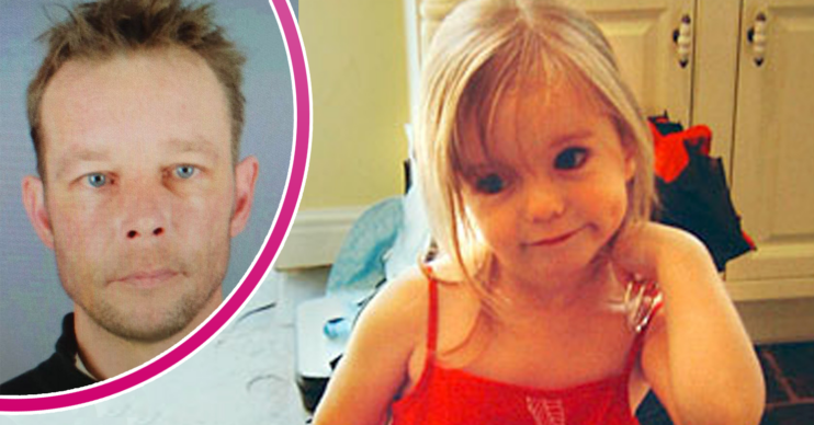 Madeleine McCann in a red dress and Christian B in his mugshot
