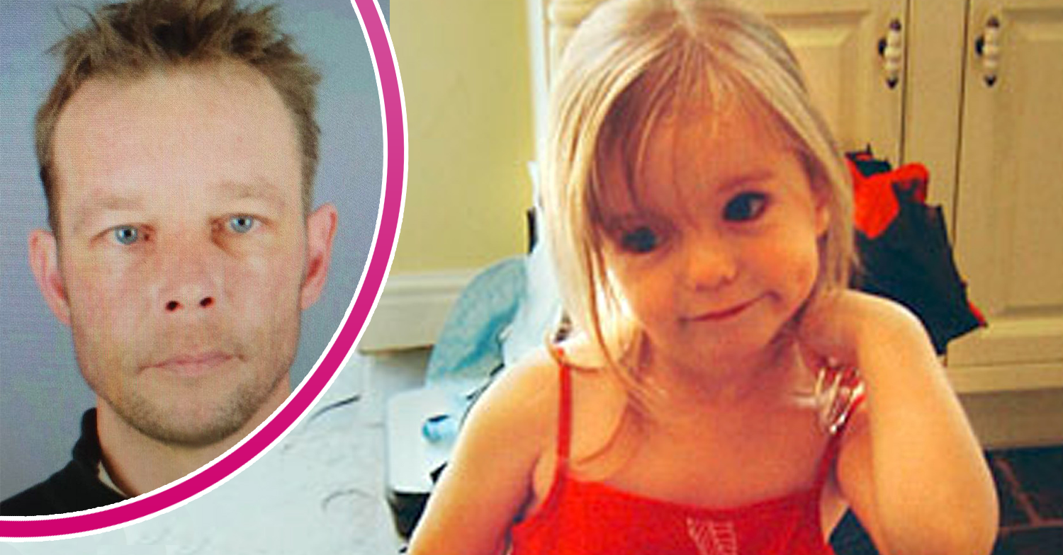 Madeleine McCann in a red dress and Christian B in his mugshot