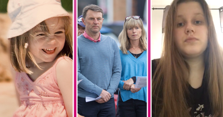 Madeleine McCann in a pink hat, Kate and Gerry at a vigil and Julia looking to camera