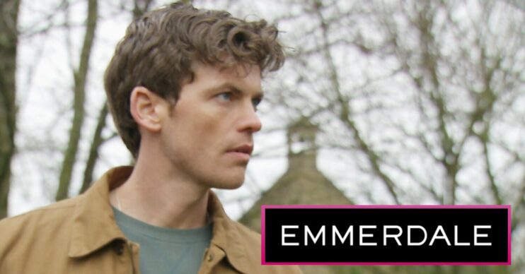 Marcus looking serious in Emmerdale, alongside logo