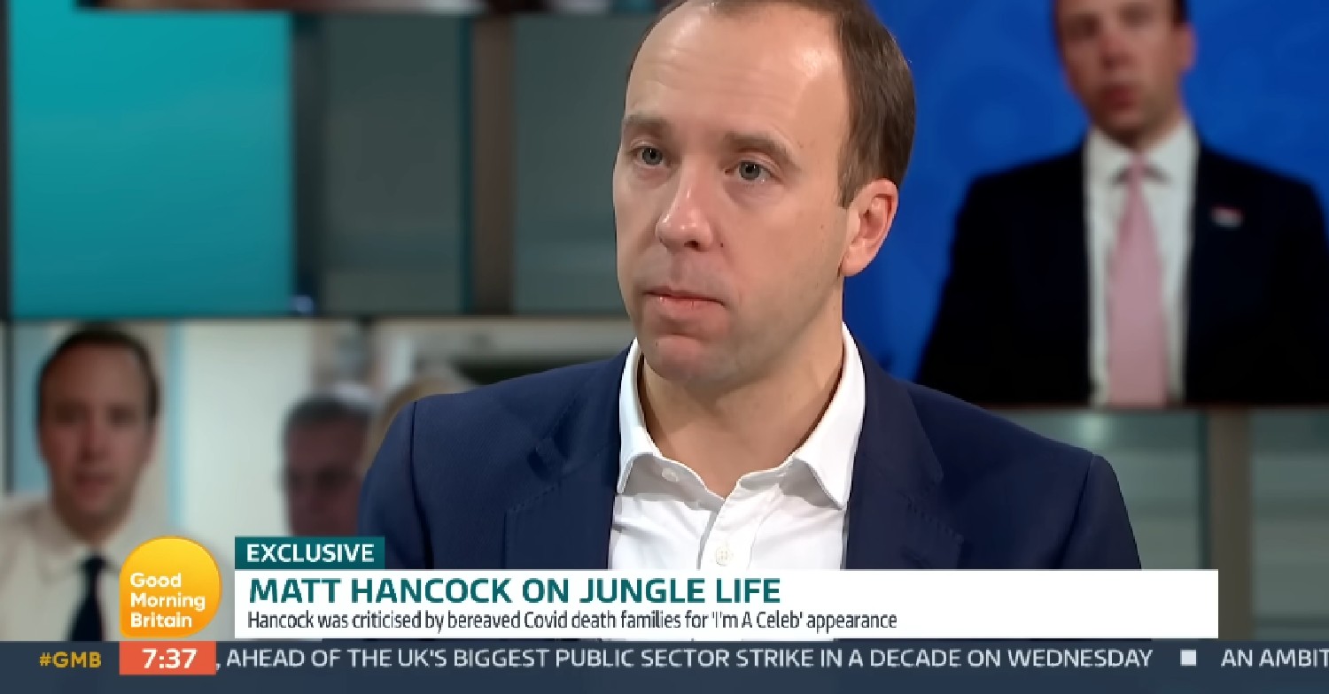 Matt Hancock in a suit speaking on GMB