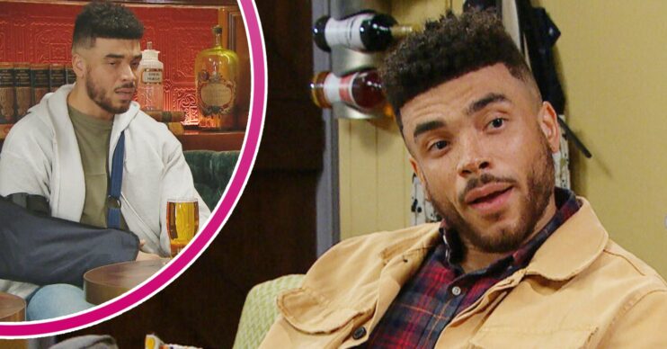 Nate talking casually on Emmerdale; inset, wearing a cast and looking lethargic (Credit: ITV/Composite: Entertainment Daily)