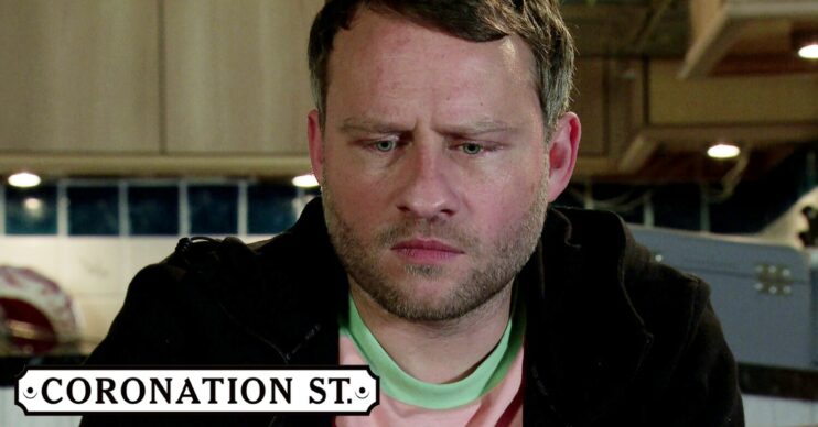 Paul looks sad and pained on Coronation Street; logo in bottom left hand corner (Credit: ITV/Composite: Entertainment Daily)
