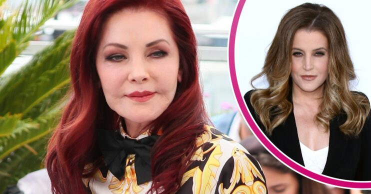 Priscilla Presley looks serious, Lisa Marie Presley looks into the camera