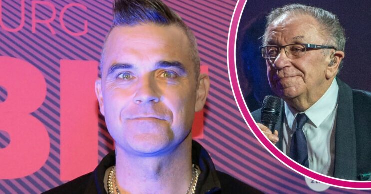 Robbie Williams at event, and his dad Pete Conway on stage with microphone