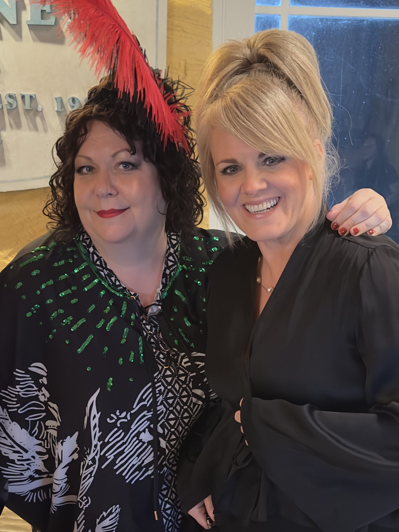 Sally Lindsay and Sue Vincent smile on set of The Madame Blanc Mysteries