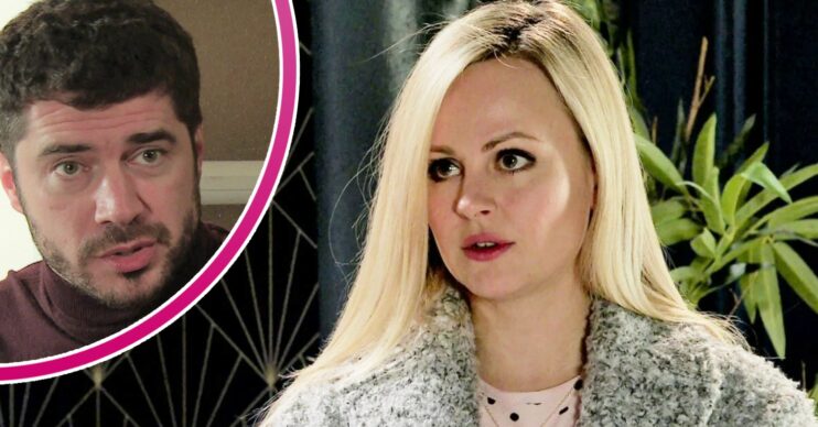 Sarah looks worried on Coronation Street; inset, Adam is taken aback