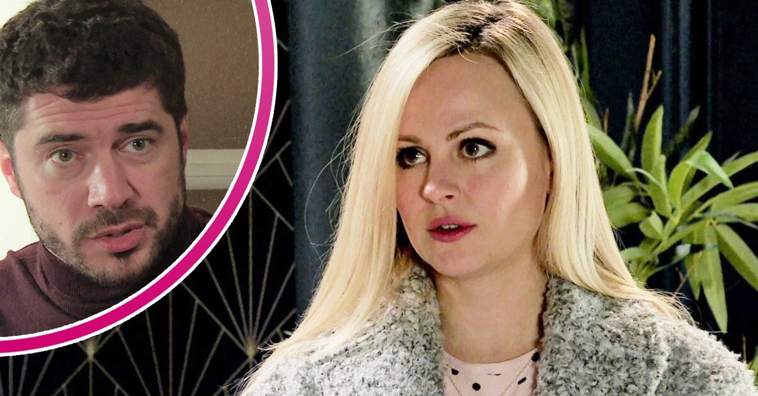Sarah looks worried on Coronation Street; inset, Adam is taken aback