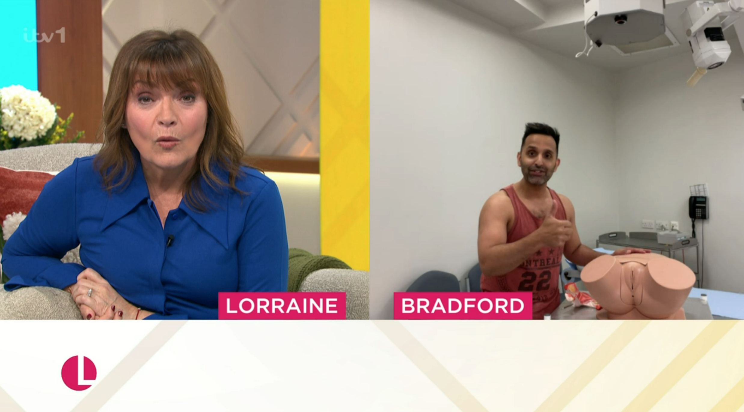 Lorraine Kelly looking concerned and Dr Amir in a vest