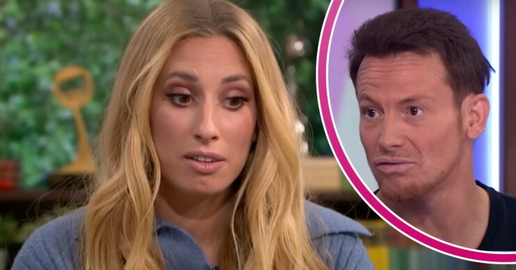 Stacey Solomon looks downwards, Joe Swash looks concerned