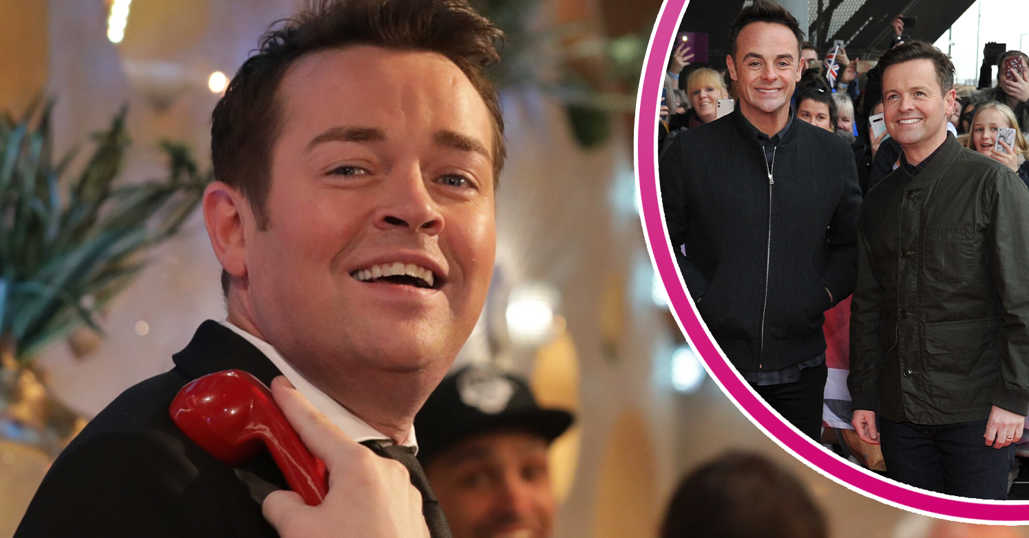 Stephen Mulhern looking to camera and Ant and Dec inset