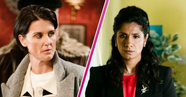 Composite of Suki and Eve on EastEnders; both looking worried, Eve angry (Credit: BBC/Composite: Entertainment Daily)