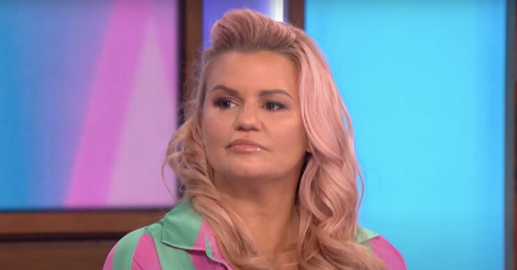 Kerry Katona wearing a green and pink blouse on Loose Women