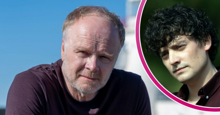 Jason Watkins looking at the camera and Aneurin Barnard looking upset in The Catch
