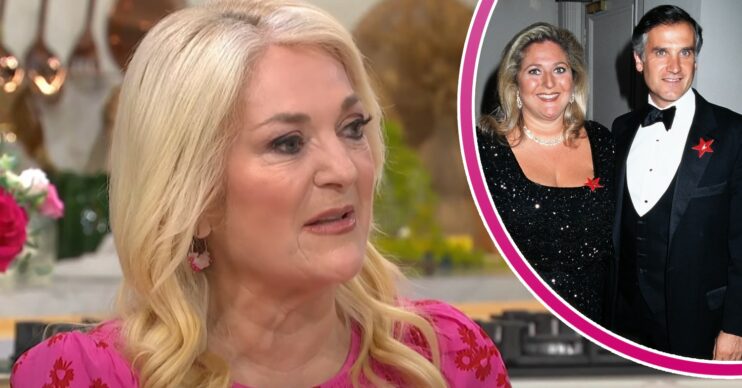 Vanessa Feltz looking sad on This Morning, and pictured with ex-husband in 90s