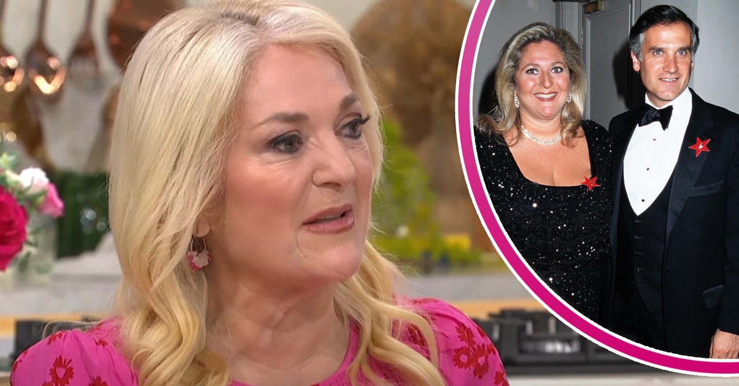 Vanessa Feltz looking sad on This Morning, and pictured with ex-husband in 90s