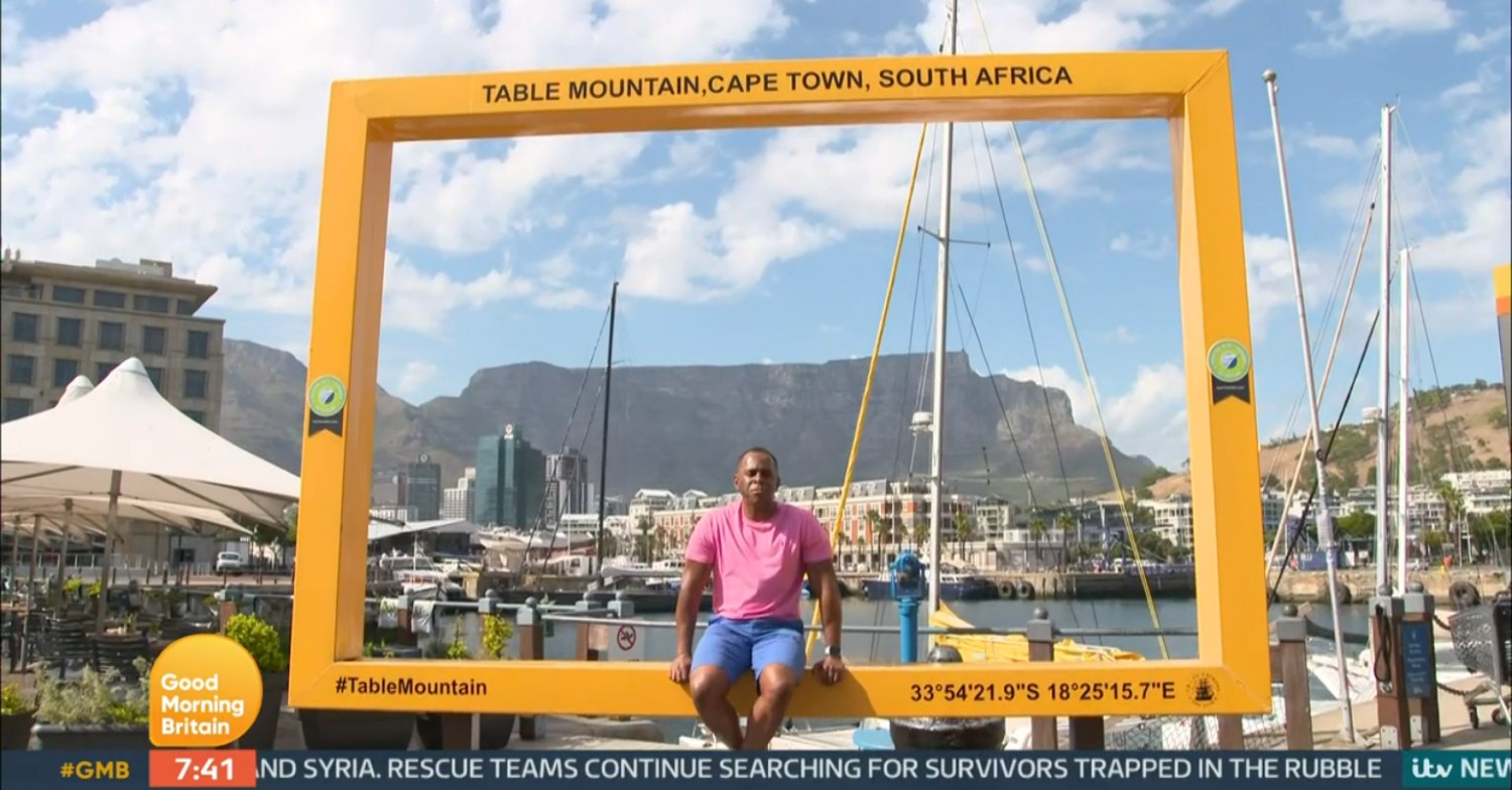 Andi Peters sitting in a big frame in South Africa on GMB today