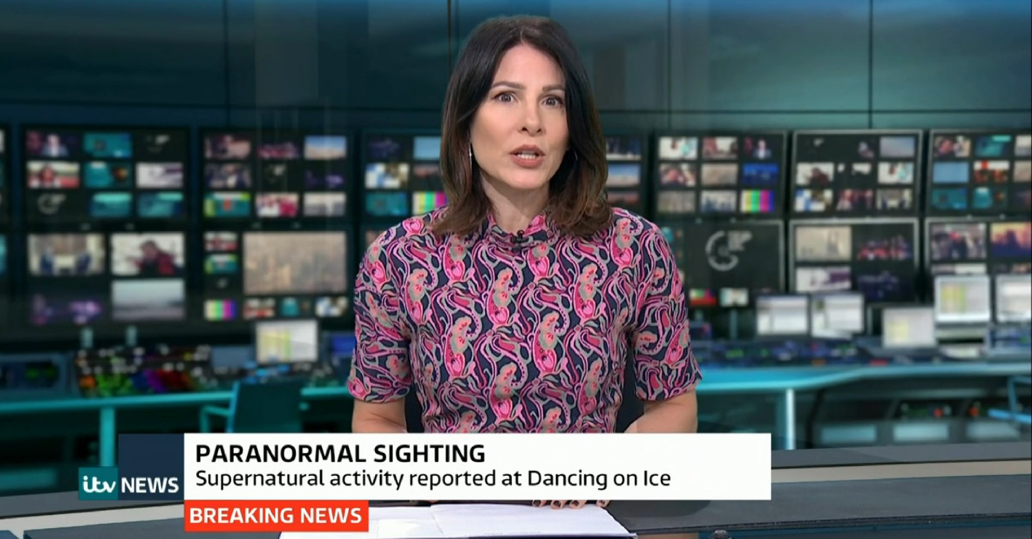 Lucrezia Millarini presenting a fake breaking news segment on Dancing On Ice