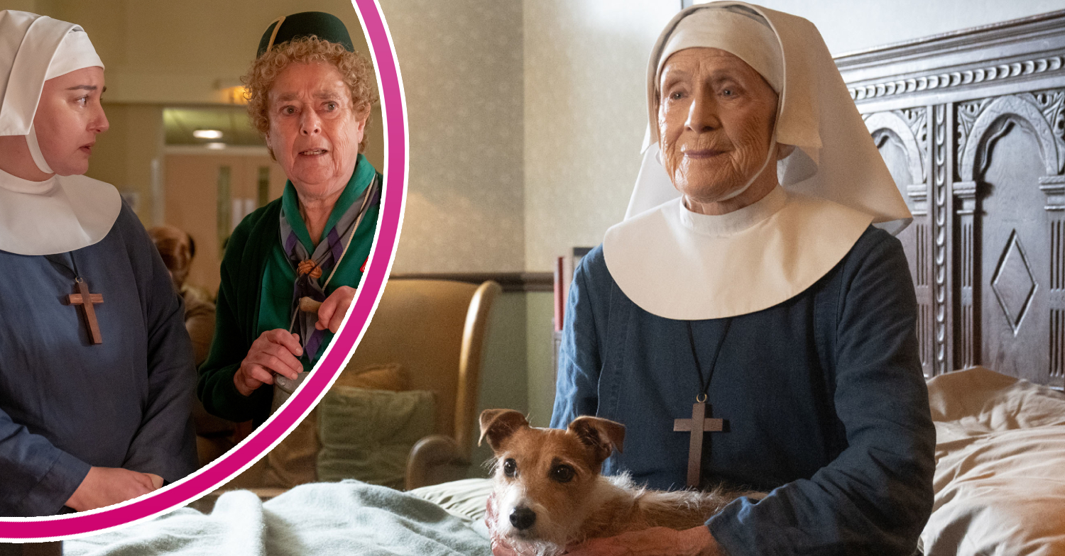 Sister Joan on Call the Midwife sitting on the bed