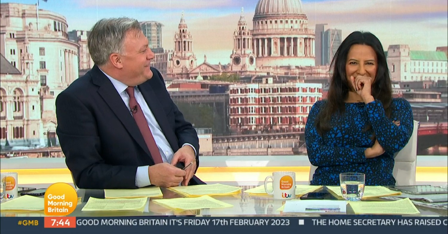 Ed Balls looking at Ranvir Singh who's laughing on GMB today 