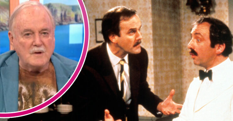 John Cleese now and a classic Fawlty Towers image of him and Manuel