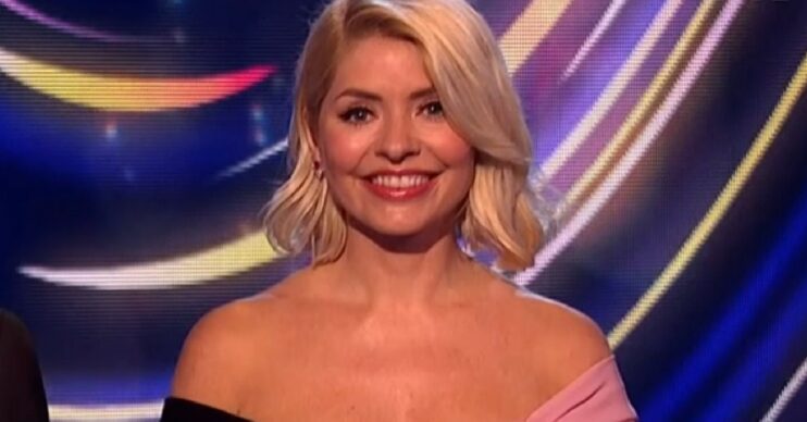 Holly Willoughby smiling on Dancing On Ice tonight