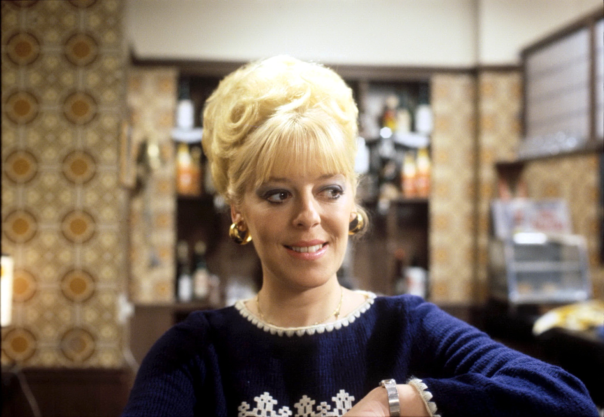 Bet Lynch in the 1970s in the Rovers in Coronation Street