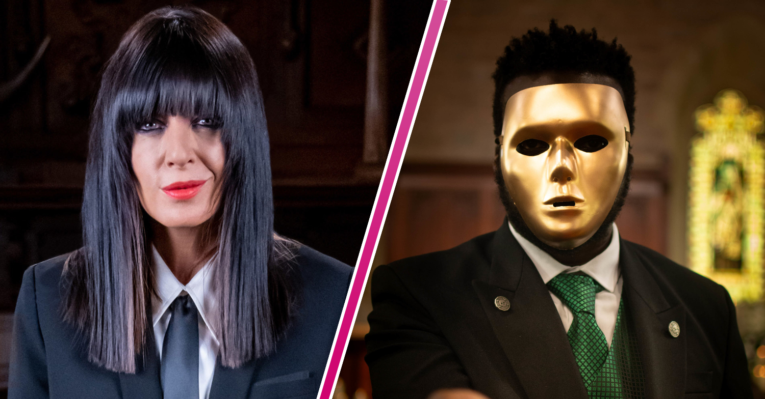 Claudia Winkleman/a contestant with a gold mask