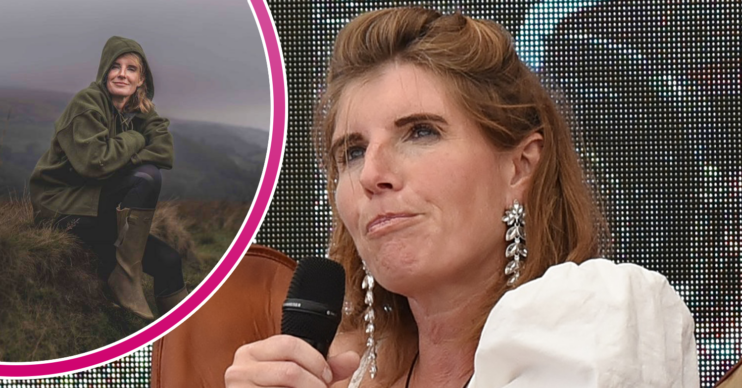 Amanda Owen sitting on a rock and speaking at an event