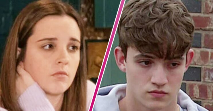 Composite of Amy and Aaron on Coronation Street - she looks upset and worried, he appears guilty (Credit: ITV/Composite: Entertainment Daily)